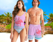 FLAMINGOS BLUE WAVES MATCHING COUPLES LILAC SWIMSUIT SET