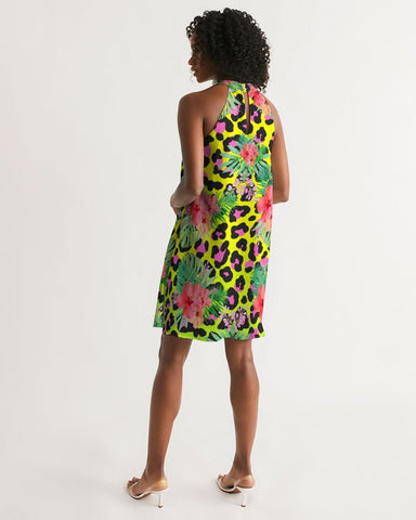 Animal Print Hibiscus Floral Halter Dress