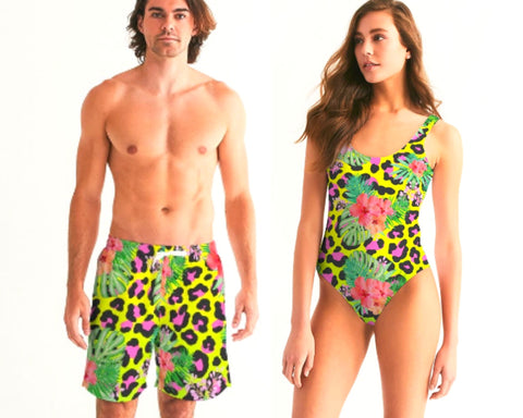 TROPICAL HIBSCUS & ANIMAL PRINT COUPLES MATCHING SWIMSUITS