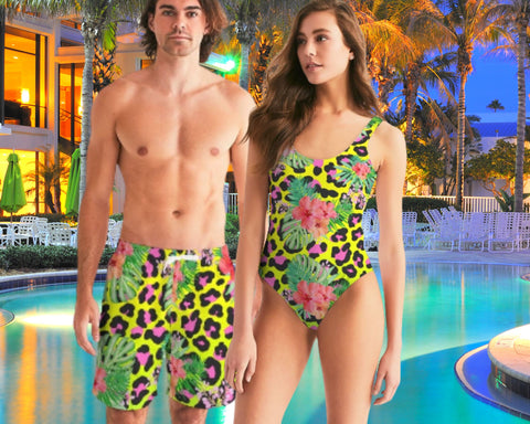 TROPICAL HIBSCUS & ANIMAL PRINT COUPLES MATCHING SWIMSUITS