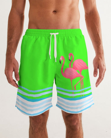 NEON GREEN COUPLES PINK FLAMINGOS & BLUE WAVES SWIMSUIT SET