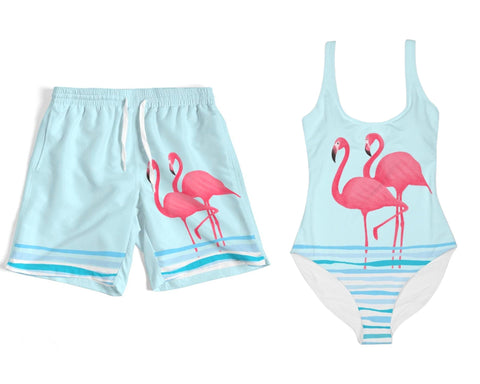 FLAMINGOS & WAVES COUPLES MATCHING AQUA BLUE SWIMSUIT SET