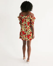 Red Rose Petals Animal Print Cold Shoulder Dress