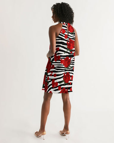 Zebra Print Red Roses Halter Dress