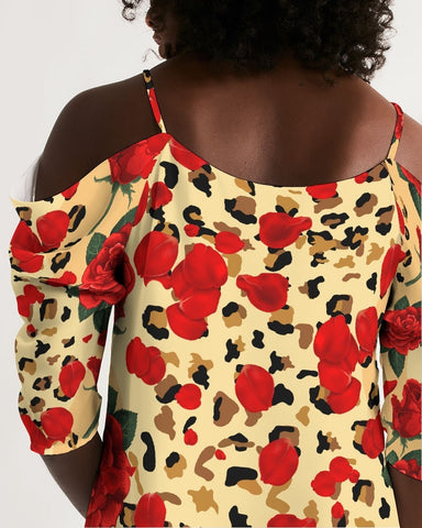 Red Rose Petals Animal Print Cold Shoulder Dress