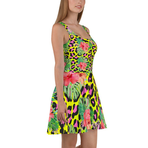 Tropical Animal Print Hibiscus Skater Dress