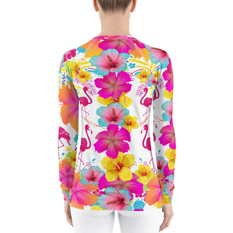 Flamingos Hibiscus Floral Women's Rash Guard