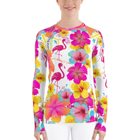 Flamingos Hibiscus Floral Women's Rash Guard