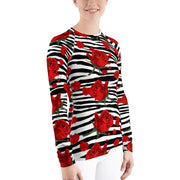 Zebra Print Red Roses Women's Rash Guard