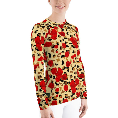 Animal Print Red Roses Women's Rash Guard