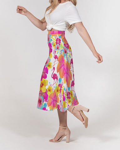 Flamingos Hibiscus Floral Women’s A Line Midi Skirt