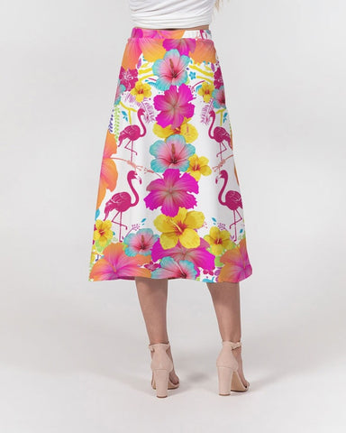 Flamingos Hibiscus Floral Women’s A Line Midi Skirt