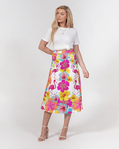 Flamingos Hibiscus Floral Women’s A Line Midi Skirt