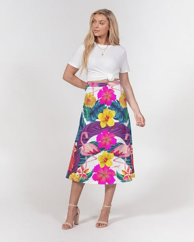 Floral Flamingos Women’s A Line Midi Skirt