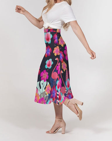 Floral Hibiscus Flamingos Women’s A Line Midi Skirt