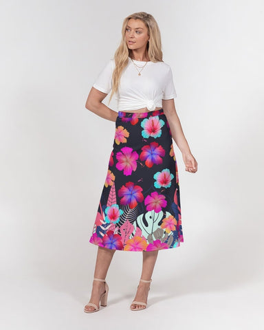 Floral Hibiscus Flamingos Women’s A Line Midi Skirt