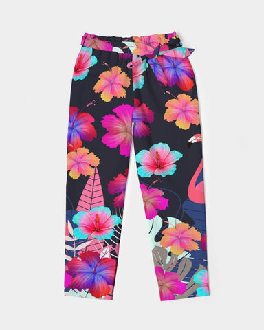 Floral Hibiscus Flamingos Women's Belted Tapered Pants