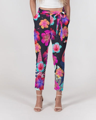 Floral Hibiscus Flamingos Women's Belted Tapered Pants