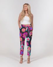 Floral Hibiscus Flamingos Women's Belted Tapered Pants
