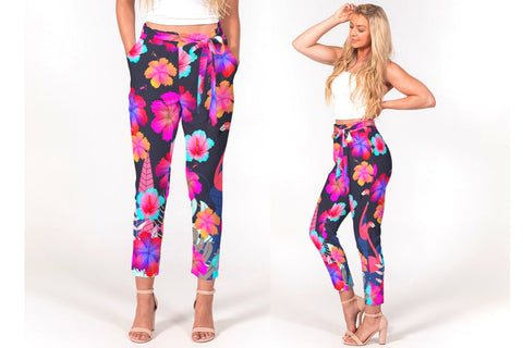 Floral Hibiscus Flamingos Women's Belted Tapered Pants