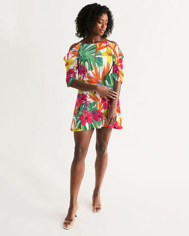 Bird of Paradise Floral Cold Shoulder Dress