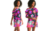 Floral Hibiscus Flamingos Cold Shoulder Dress