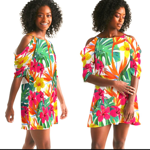 Bird of Paradise Floral Cold Shoulder Dress