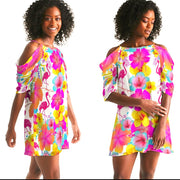 Flamingos Hibiscus Floral Cold Shoulder Dress