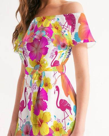 Flamingos Hibiscus Off Shoulder Dress