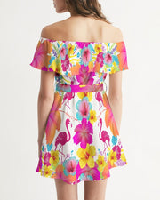 Flamingos Hibiscus Off Shoulder Dress