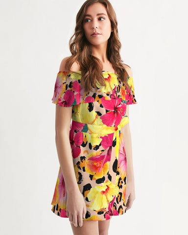 Animal Print Island Flowers Off Shoulder Dress