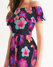 Floral Hibiscus Flamingos Off Shoulder Dress