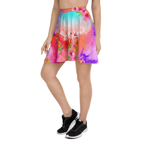 FLAMINGOS CORAL WATERCOLOR OMBRE SKATER SKIRT