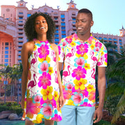 Flamingos Hibiscus Floral Matching Couples Outfits