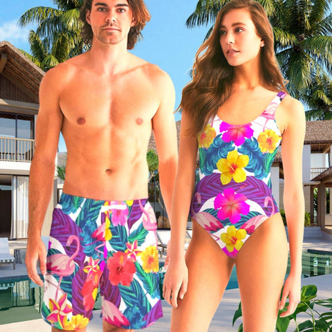 FLORAL FLAMINGOS COUPLES MATCHING SWIMSUITS