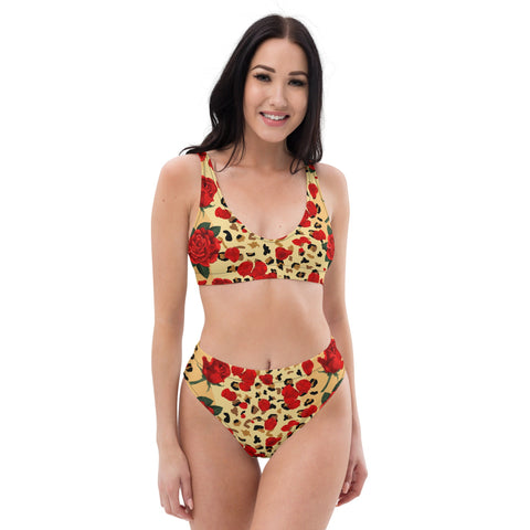 Animal Print Red Roses High Waist Women's Bikini Swimsuit Set