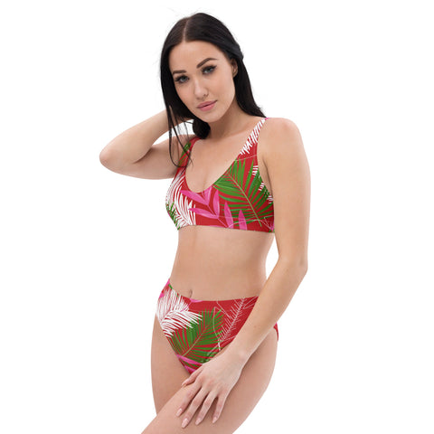 Tropical Leaves Red High Waist Women's Bikini Swimsuit Set