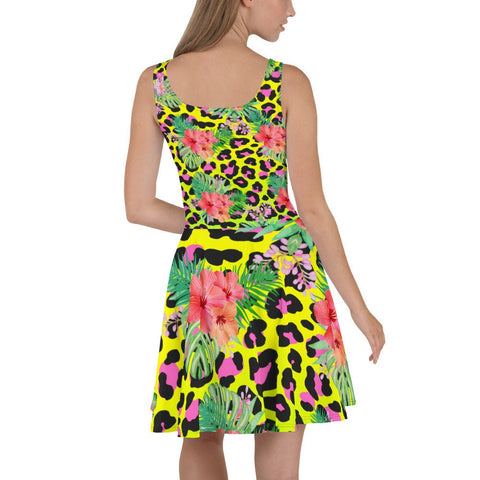 Tropical Animal Print Hibiscus Skater Dress