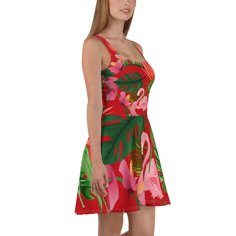 Tropical Pink Flamingo Red Skater Dress