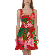 Tropical Pink Flamingo Red Skater Dress