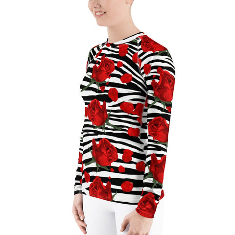 Zebra Print Red Roses Women's Rash Guard