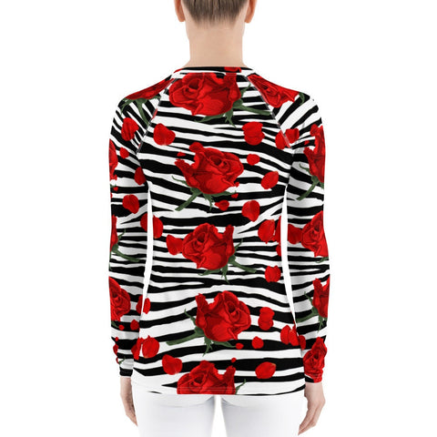 Zebra Print Red Roses Women's Rash Guard