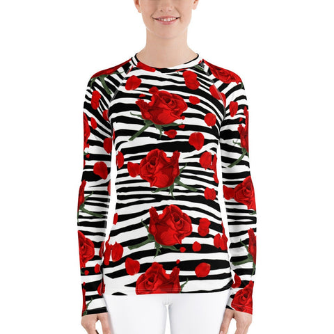 Zebra Print Red Roses Women's Rash Guard