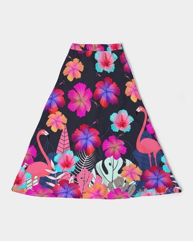 Floral Hibiscus Flamingos Women’s A Line Midi Skirt