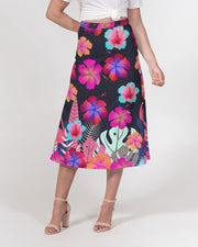 Floral Hibiscus Flamingos Women’s A Line Midi Skirt