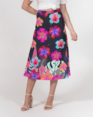 Floral Hibiscus Flamingos Women’s A Line Midi Skirt