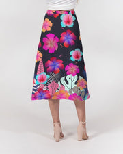 Floral Hibiscus Flamingos Women’s A Line Midi Skirt