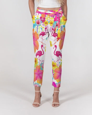 Flamingos Hibiscus Floral Women's Belted Tapered Pants