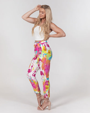 Flamingos Hibiscus Floral Women's Belted Tapered Pants