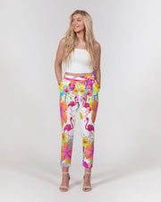 Flamingos Hibiscus Floral Women's Belted Tapered Pants